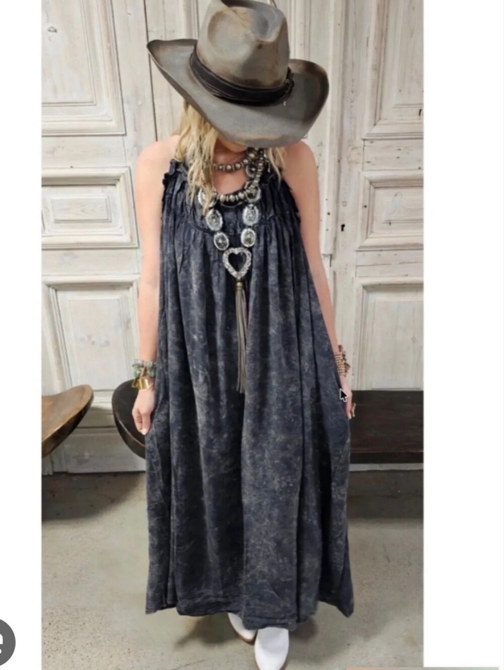 Nwt A Rare Bird Boho Tie-Shoulder Midi Dress in Dark Charcoal